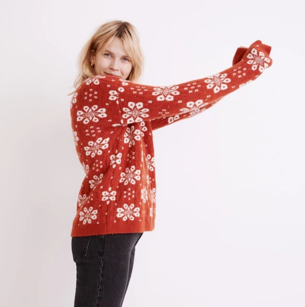 🧡🤍 Madewell Althen Snowflake Patterned Cotton Wool Blend Sweater, XXS, NWT - Picture 9 of 11